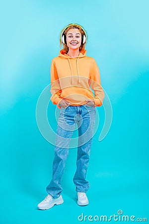 amazed millennial woman isolated on blue. millennial woman in studio. millennial woman Stock Photo