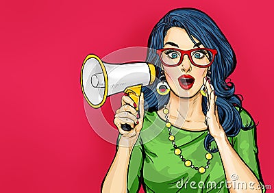 Amazed Pop art girl in glasses with megaphone saying something. Woman with loudspeaker. Stock Photo