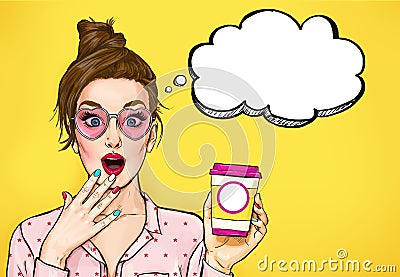 Amazed Pop Art woman with coffee cup. Advertising poster or party invitation with girl with wow face Stock Photo