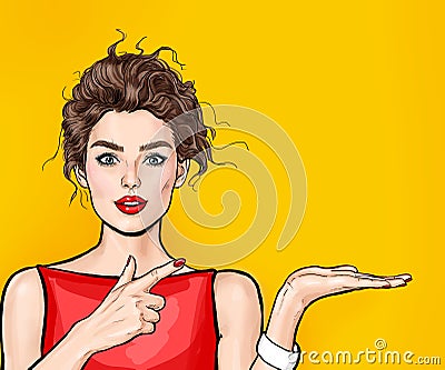 Amazed Pop Art Woman showing product .Advertising design of beautiful girl presenting something Stock Photo