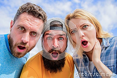 Amazed surprised face expression. How to impress people. Shocking impression. Men with beard and woman looking shocked Stock Photo