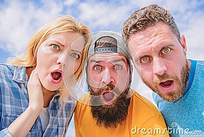 Amazed surprised face expression. How to impress people. Shocking impression. Men with beard and woman looking shocked Stock Photo