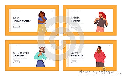 Amazed, Surprised People Sale Landing Page Template Set. et Young Men and Women Happy Excited Reaction. Wow Effect Vector Illustration