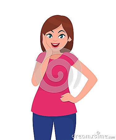 Amazed or surprised pretty young woman facial expression, holding hand on face and crossed arm. Human emotion concept - Vector Vector Illustration
