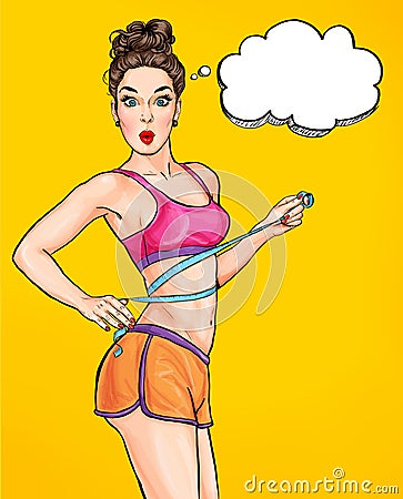 Amazed woman with beautiful body after diet measuring her waistline in Pop art style.Healthy nutrition and weight losing concept. Stock Photo