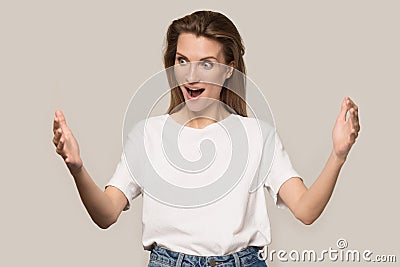 Amazed woman feel amazed by large scale measurement Stock Photo