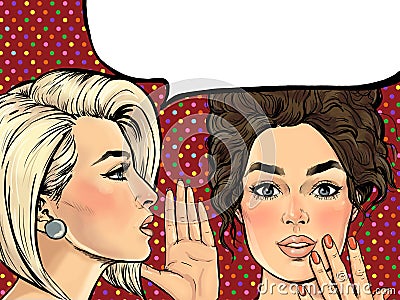 Amazed women gossip with thought bubble. Advertising poster or disco flayer design of female conversation. Stock Photo