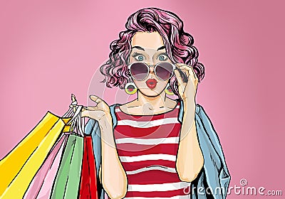 Amazed young woman in glasses with shopping bags in comic style. Stock Photo