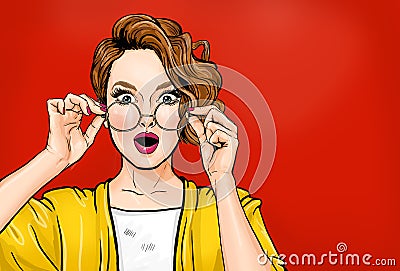 Amazed young woman in glasses. Advertising poster or party invitation with sexy club girl with open mouth in comic style Stock Photo