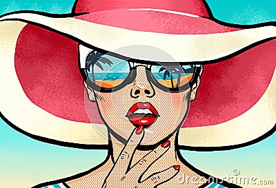 Amazed young woman in glasses . Vintage advertising poster of vacations or tourism with lady with open mouth in comic style. Stock Photo