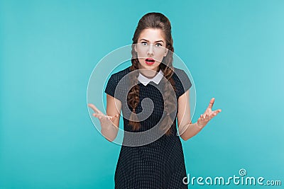 Amazement woman looking at camera with unbelievable look. Stock Photo