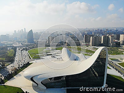 Amazing aerial view from above by drone on capital of Azerbaijan - Baku. Building of Heydar Aliev Center Editorial Stock Photo