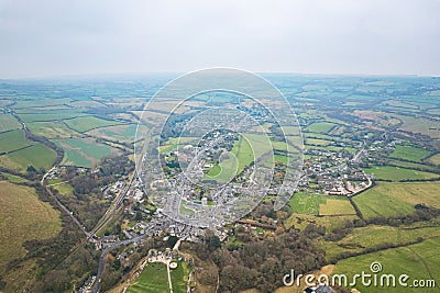 amazing aerial view of Corfe Castle, aerial view of the famous historical site and the village, united kingdom Stock Photo