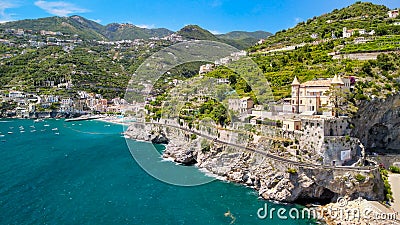 Amazing aerial view of Maiori and Minori along Amalfi Coast in summer season, Italy. Drone viewpoint Stock Photo