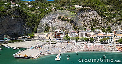 Amazing aerial view of Maiori and Minori along Amalfi Coast in summer season, Italy. Drone viewpoint Stock Photo