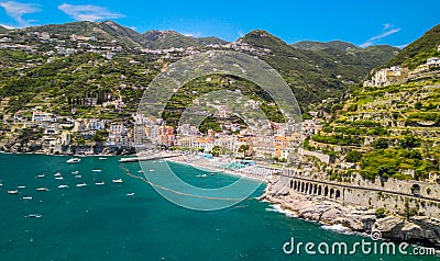 Amazing aerial view of Maiori and Minori along Amalfi Coast in summer season, Italy. Drone viewpoint Stock Photo