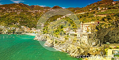 Amazing aerial view of Maiori and Minori along Amalfi Coast in summer season, Italy. Drone viewpoint Stock Photo