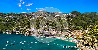 Amazing aerial view of Maiori and Minori along Amalfi Coast in summer season, Italy. Drone viewpoint Stock Photo