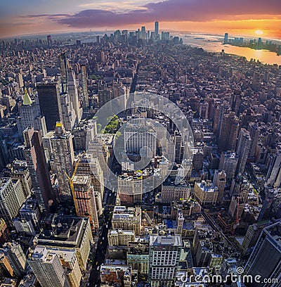 Amazing aerial view of Manhattan with sunset Editorial Stock Photo