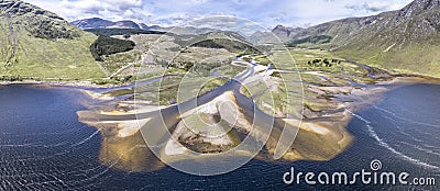 Amazing aerial view of the paradisal landscape of Glen Etive with the mouth of River Etive Stock Photo