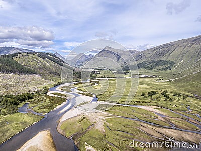 Amazing aerial view of the paradisal landscape of Glen Etive with the mouth of River Etive Stock Photo