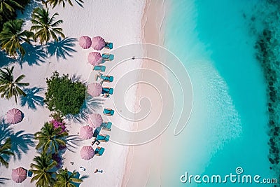 Amazing aerial view of paradise beach landscape with loungers and pink umbrellas close to amazing tropic sea. White sand and blue Stock Photo