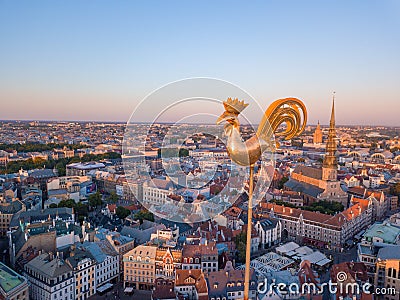 Amazing aerial view of the sunset over Old town of Riga, Vecriga in Latvia. Editorial Stock Photo