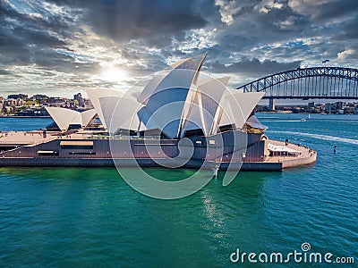 Amazing aerial view of Sydney city, the harbor bridge and the modern building of the Opera house Editorial Stock Photo