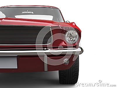 Amazing American vintage muscle car - cherry red - front view closeup cut shot Stock Photo