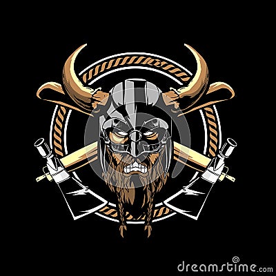 AMAZING ANGRY VIKING WARRIOR HEAD WITH AXE VECTOR LOGO TEMPLATE Vector Illustration