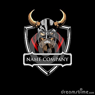 Amazing angry Viking warrior head with shield logo vector template Vector Illustration