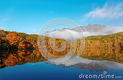 Amazing autumn lake scenery of Kagami Ike Mirror Pond in morning light with symmetric reflections of colorful fall foliage Stock Photo