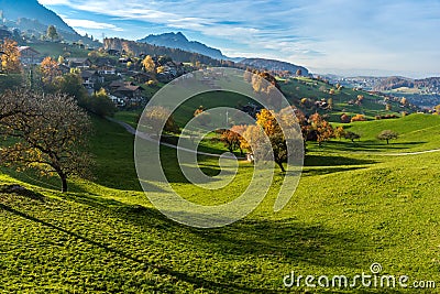 Amazing Autumn view of typical Switzerland village near town of Interlaken Stock Photo