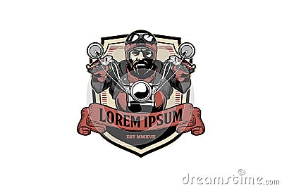 Bearded man ride motorcycle vector badge logo template Vector Illustration