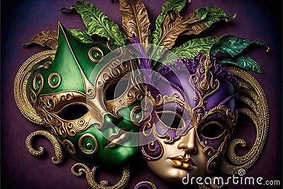 Amazing and beautiful golden carnival masks on black background. Fun time. Generative AI Stock Photo