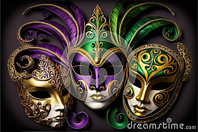 Amazing and beautiful golden carnival masks on black background. Fun time. Generative AI Stock Photo