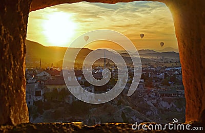 Amazing beautiful sunset from Uchisar castle in ancient Nevsehir Province Stock Photo