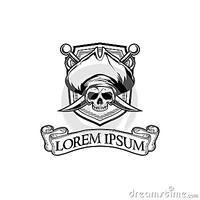 Amazing Black and White Pirate Skull Head with sword and ribbon vector badge logo template Vector Illustration