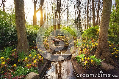 Amazing blooming spring park with water cascade Stock Photo