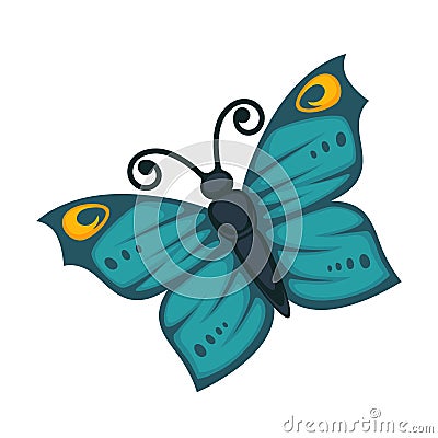 Amazing blue butterfly with yellow pattern and curled antennae Vector Illustration