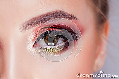 Amazing Bright eye makeup in luxurious scarlet shades. Pink and blue color, colored eyeshadow Stock Photo