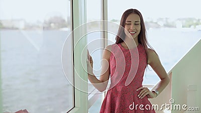 amazing brunette long hair short dress posing inside ship pink 80770830