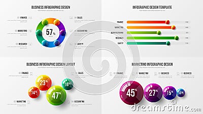 Amazing business data horizontal bar chart design layout. Colorful 3D balls corporate statistics infographic elements set. Vector Illustration
