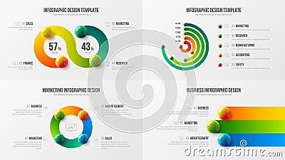 Amazing business data radial bar design layout bundle. Colorful realistic 3D balls corporate statistics infographic elements set. Vector Illustration