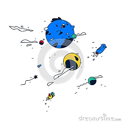 Amazing cartoon character. Blue bubble levitates in space. Cute monster. Vector. Cheerful fantasy world. Sticker. Mascot for a Vector Illustration