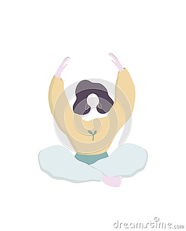 Amazing cartoon girl in yoga lotus pose with cute cat. Practicing yoga. Vector illustration. Young and happy woman meditates. Flat Cartoon Illustration