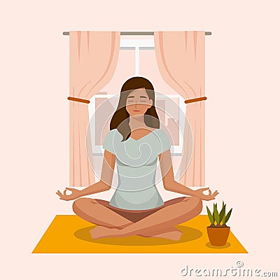 Amazing cartoon girl in yoga lotus practices meditation. Vector Illustration