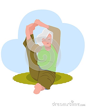 Amazing cartoon old lady in a yoga pose on a mat at home. Vector Illustration