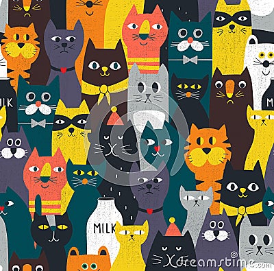 Amazing cats seamless pattern. Endless colorful background with crowd of domestic and wild animals. Vector Illustration