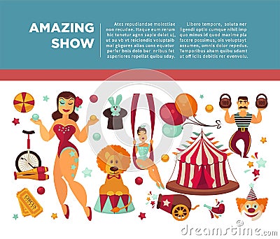 Amazing circus promo poster with participants of show and equipment. Vector Illustration